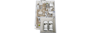 A floor plan of a house with two bedrooms, a living room, a kitchen, a dining room, and two parking spaces.