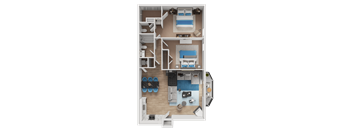 A 3D floor plan of a small apartment with a kitchen, living room, and bathroom.