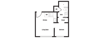 A floor plan of a house with a kitchen, living room, bedroom, closet, bath, and a workshop.