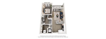 A 3D floor plan of a small apartment with a kitchen, living room, and bathroom.