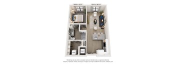 A 3D floor plan of a small apartment with a kitchen, living room, and bathroom.