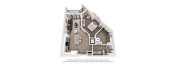 A 3D floor plan of a house with a living room, kitchen, and bathrooms.