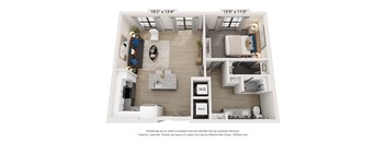 A floor plan of a two-bedroom apartment with a living room, kitchen, and bathroom.