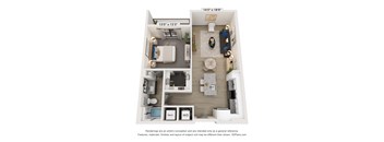 A 3D floor plan of a small apartment with a kitchen, living room, and bathroom.