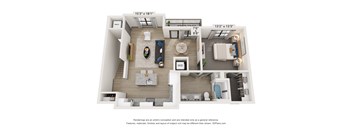 A 3D floor plan of a house with a kitchen, living room, and bathroom.