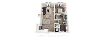 A floor plan of a small apartment with a kitchen, living room, and bathroom.