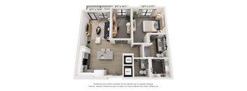 A 3D floor plan of a house with a kitchen, living room, and two bedrooms.