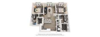A 3D floor plan of a house with a kitchen, living room, dining room, and two bedrooms.