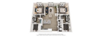 A 3D floor plan of a small apartment with a kitchen, living room, and bedroom.