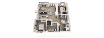 A 3D floor plan of a small apartment with a living room, kitchen, and bedrooms.