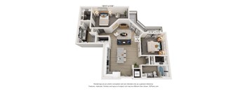 A 3D floor plan of a house with a living room, kitchen, and two bedrooms.