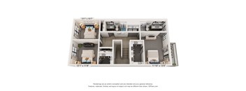A 3D floor plan of a two-bedroom apartment with dimensions and a disclaimer about the renderings.