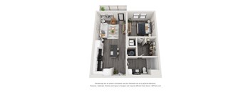 A 3D floor plan of a small apartment with a kitchen, living room, and bedroom.