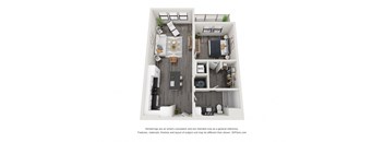 A 3D floor plan of a small apartment with a kitchen, living room, and bedroom.