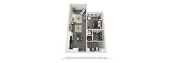 A 3D floor plan of a small apartment with a kitchen, living room, and bedroom.