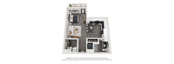 A top-down view of a room with a kitchen, living room, and bathroom.
