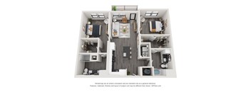 A 3D floor plan of a two-bedroom apartment with a living room, kitchen, and bathroom.