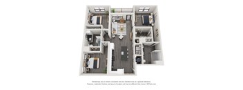 A 3D floor plan of a house with a kitchen, living room, and two bedrooms.