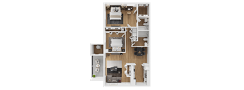 A top-down view of a small apartment layout with a kitchen, living room, and two bedrooms.