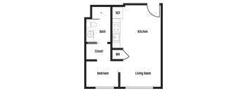 A floor plan of a room with a bedroom, bathroom, kitchen, living room, and closet.