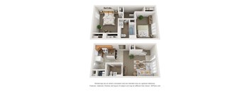 a stylized 3d floor plan of a house with a bedroom and living room