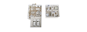 Two floor plans of a house with two cars parked in the driveway.