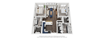 A 3D floor plan of a house with a living room, kitchen, and two bedrooms.
