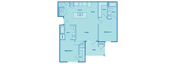 A blueprint of a house layout with labeled rooms.