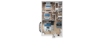 A detailed 3D floor plan of a small apartment layout.
