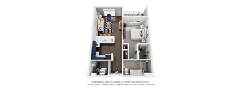 A 3D floor plan of a small apartment with a kitchen, living room, and bathroom.