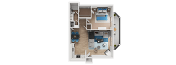 A 3D rendered image of a small apartment layout.