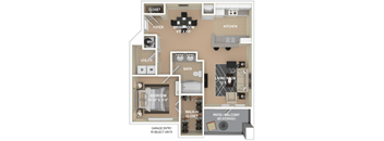 A floor plan of an apartment with a living room, kitchen, bathroom, bedroom, and closet.