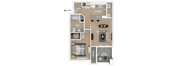 A floor plan of a small apartment with a living room, bedroom, and bathroom.