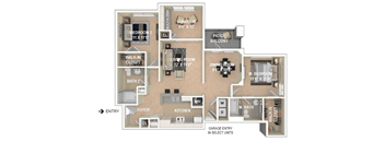 A floor plan of a house with a living room, dining room, kitchen, and two bedrooms.