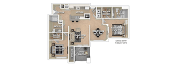 A floor plan of an apartment with two bedrooms, a living room, a dining room, a kitchen, a walk-in closet, and a garage entry.