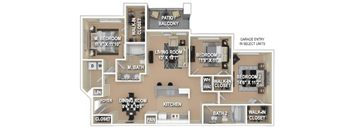 A floor plan of a house with a garage entry in select units.