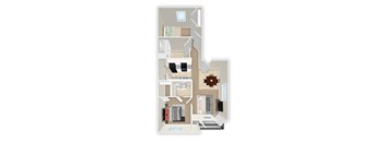 A floor plan of a house with a kitchen, living room, and two bedrooms.