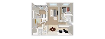 A floor plan of a house with a kitchen, living room, and two bedrooms.
