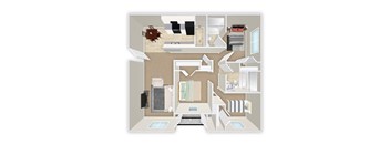 A floor plan of a small apartment with a kitchen, living room, and bathroom.