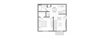 A black and white floor plan of a house with a kitchen, living room, and bathroom.