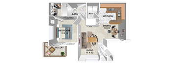 A diagram of a small apartment layout with a living room, kitchen, bathroom, bedroom, and balcony.