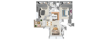 A floor plan of a small apartment with two bedrooms, a kitchen, a dining area, a living room, and a patio.