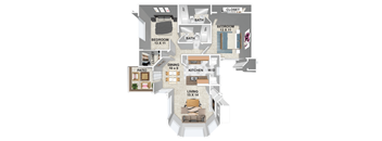 A 3D rendered image of a house layout with two bedrooms, a living room, a kitchen, a dining area, a bathroom, and a patio.