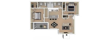 A floor plan of a small apartment with a kitchen, living room, and bathroom.