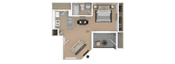 A floor plan of a small apartment with a kitchen, living room, and bathroom.