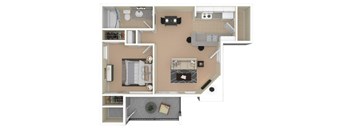 A floor plan of a small apartment with a kitchen, living room, and bathroom.