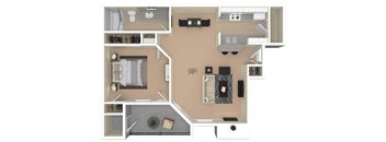 A floor plan of a small apartment with a kitchen, living room, and bathroom.