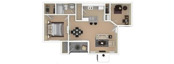 A floor plan of a small apartment with a kitchen, living room, and bathroom.
