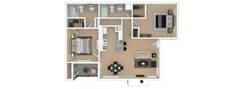 A top-down view of a house layout with a kitchen, living room, and bathroom.