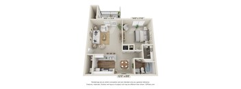 A 3D floor plan of a house with a kitchen, living room, and two bedrooms.